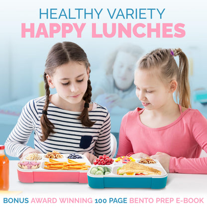 6 Compartment Lunch Boxes. Bento Box Lunchbox Containers for Kids, Boys Girls Adult. BPA-Free Microwave Safe School Bentobox Meal Planning Portion Container. Leakproof. Set of 2 Blue & Pink Kits