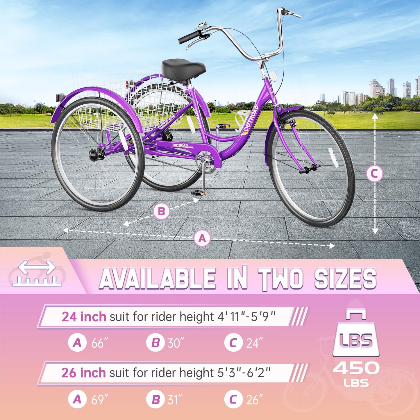 MarKnig Adult Tricycle, 24 Inch 3 Wheel Bikes with Large Basket, Cruiser Bike for Women/Men/Seniors, Adult Trike for Outdoor/Shopping/Recreation/Picnic (Purple)