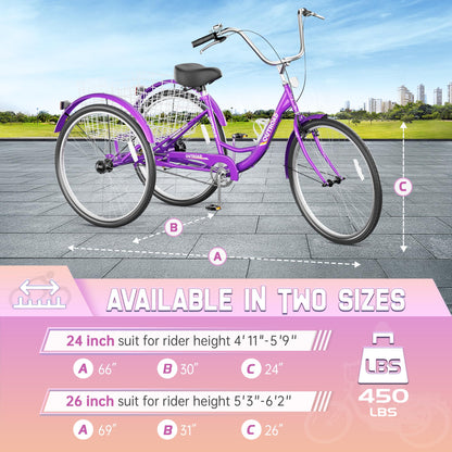 MarKnig Adult Tricycle, 24 Inch 3 Wheel Bikes with Large Basket, Cruiser Bike for Women/Men/Seniors, Adult Trike for Outdoor/Shopping/Recreation/Picnic (Purple)