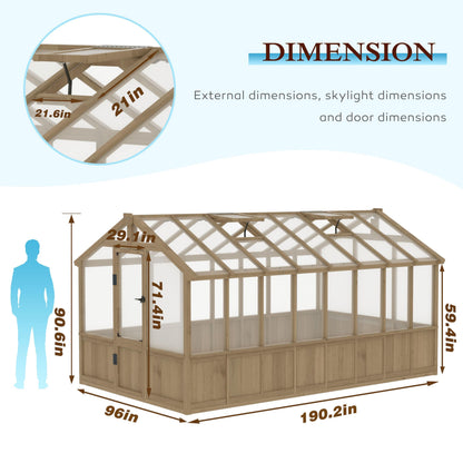 Yardenaler 8x16 FT Greenhouse for Outdoor, 6MM Thick Polycarbonate Panel Wooden Walk-in Green House with Adjustable Roof Vents and Lockable Door, Backyard Garden, Light Mocha Brown