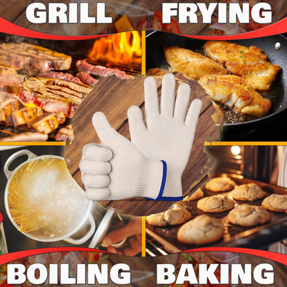 Heat Resistant Gloves for Cooking & Grilling – Aramid Oven Mitts Gloves with Fingers, Thick Knit Design Ensures Short-Term Hand Protection up to 932°F – Secure Grip for Baking, Fryer, and BBQ