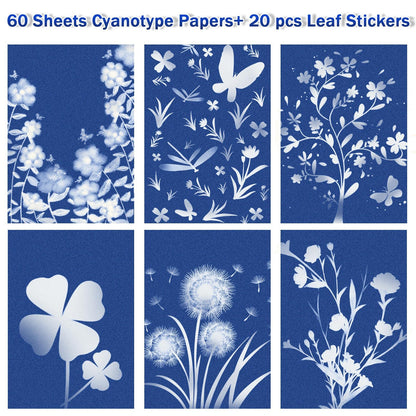 LIGHOON 60 PCS Cyanotype Sun Print Kit, A5 Sensitive Solar Art Paper Kit with 20 Pcs Leaf Sticker for DIY Arts Crafts Projects