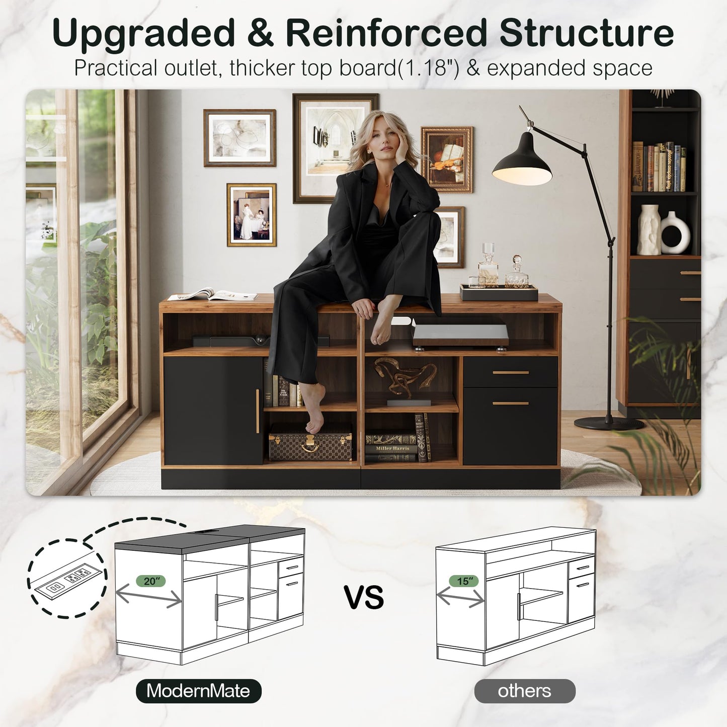 ModernMate Lateral File Cabinet with Lock,Home Office Furniture Storage Cabinet w/2 Drawers for A4 / Letter Documents, Wide Credenza w/Built-in Power Outlet, Fashion TV Stand Organizer Black Walnut
