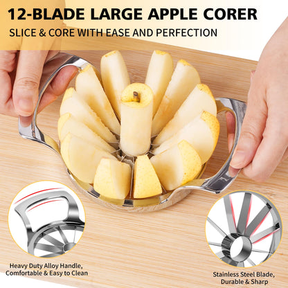 SAVORLIVING 4.72 inches Apple Slicer,12-Blade Extra Large Apple Corer, Heavy Duty Stainless Steel Apple Cutter and Divider with Updated Safe Blade System
