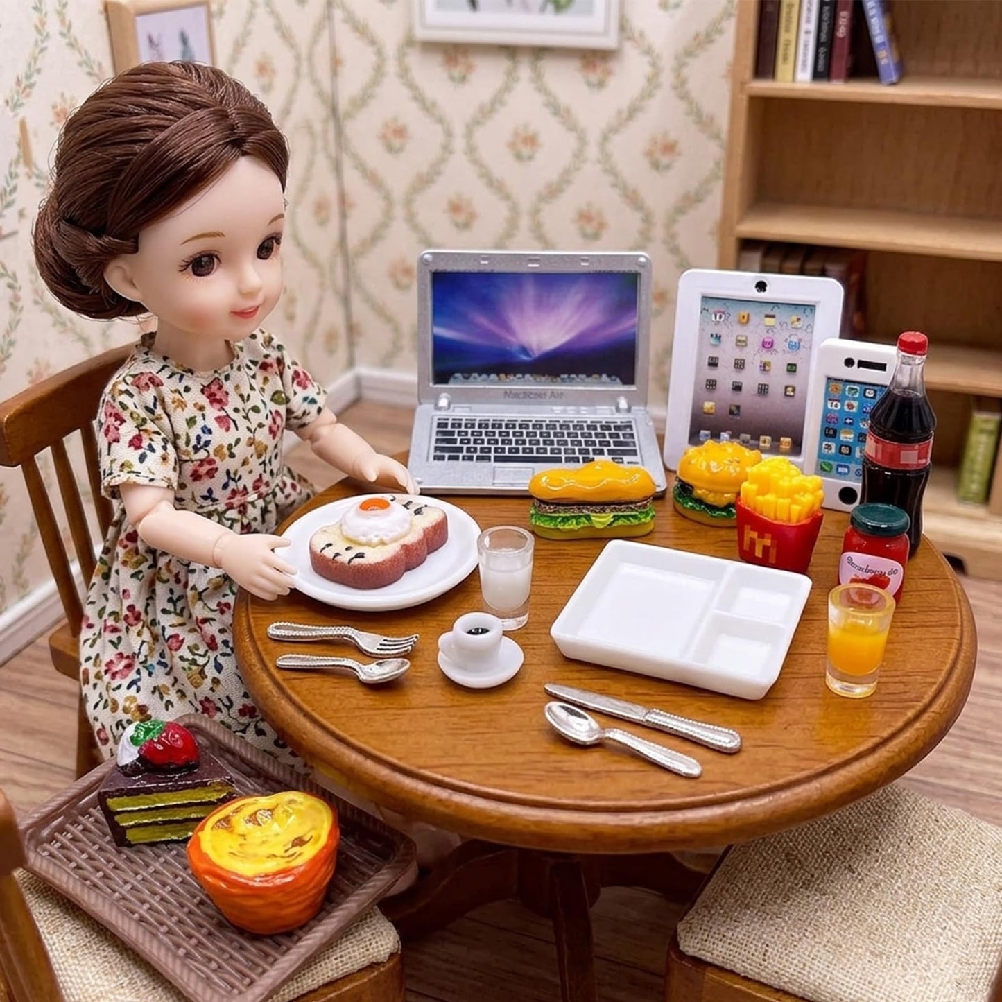 20Pcs Miniature Laptop Computer Tablet Toy Phone Pad and Hamburger Fries Cola Fast Food Cake Coffee Juice Fits Barbie Doll Accessories Scale Dollhouse Playsets Girl Mini Drink Food Party