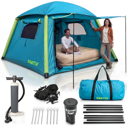 Oaktiv Inflatable Tents for Camping - CloudCamp Glamping Tent for 6 People Waterproof Oxford Fabric(210D), Quick Setup Air Tent with Manual & Battery Pump, UV Protection, 4-Season Inflatable Tent