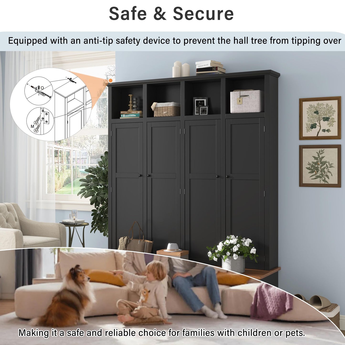 Shaical Hall Tree with Bench and Shoe Storage, 4-in-1 Entryway Bench with Coat Rack & Cabinets, Open Cubbies 4 Hooks, 76.7" H Wooden Storage Organizer for Hallway, Mudroom, Entrance, Black