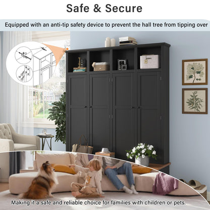 Shaical Hall Tree with Bench and Shoe Storage, 4-in-1 Entryway Bench with Coat Rack & Cabinets, Open Cubbies 4 Hooks, 76.7" H Wooden Storage Organizer for Hallway, Mudroom, Entrance, Black