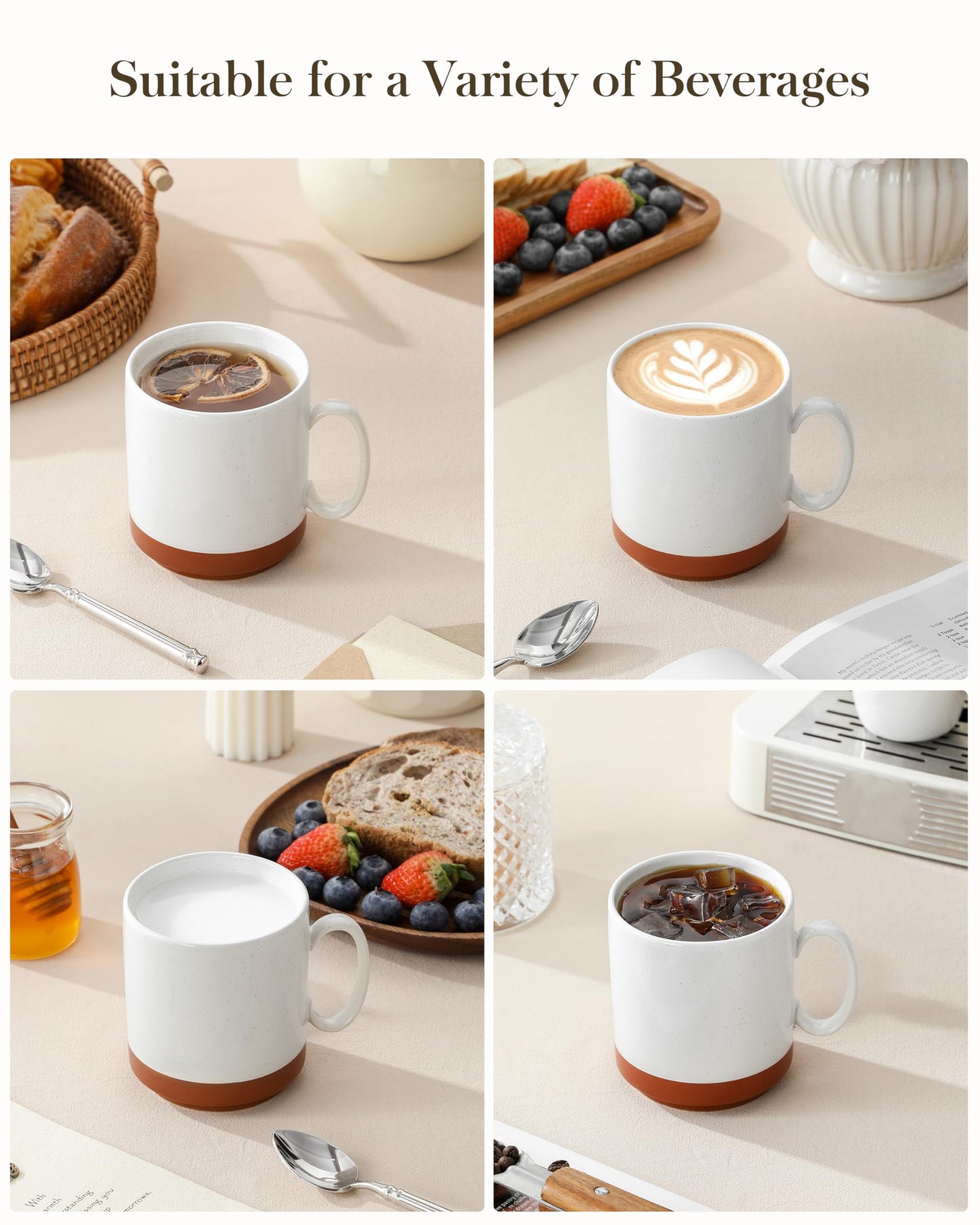 MALACASA 12oz Ceramic Coffee Mugs Set of 4, Stackable Coffee Cups with Straight-Sided Design, Mugs for Coffee, Latte, Tea, Hot Chocolate, Cappuccino and Cocoa, Microwave & Dishwasher Safe, Khaki White