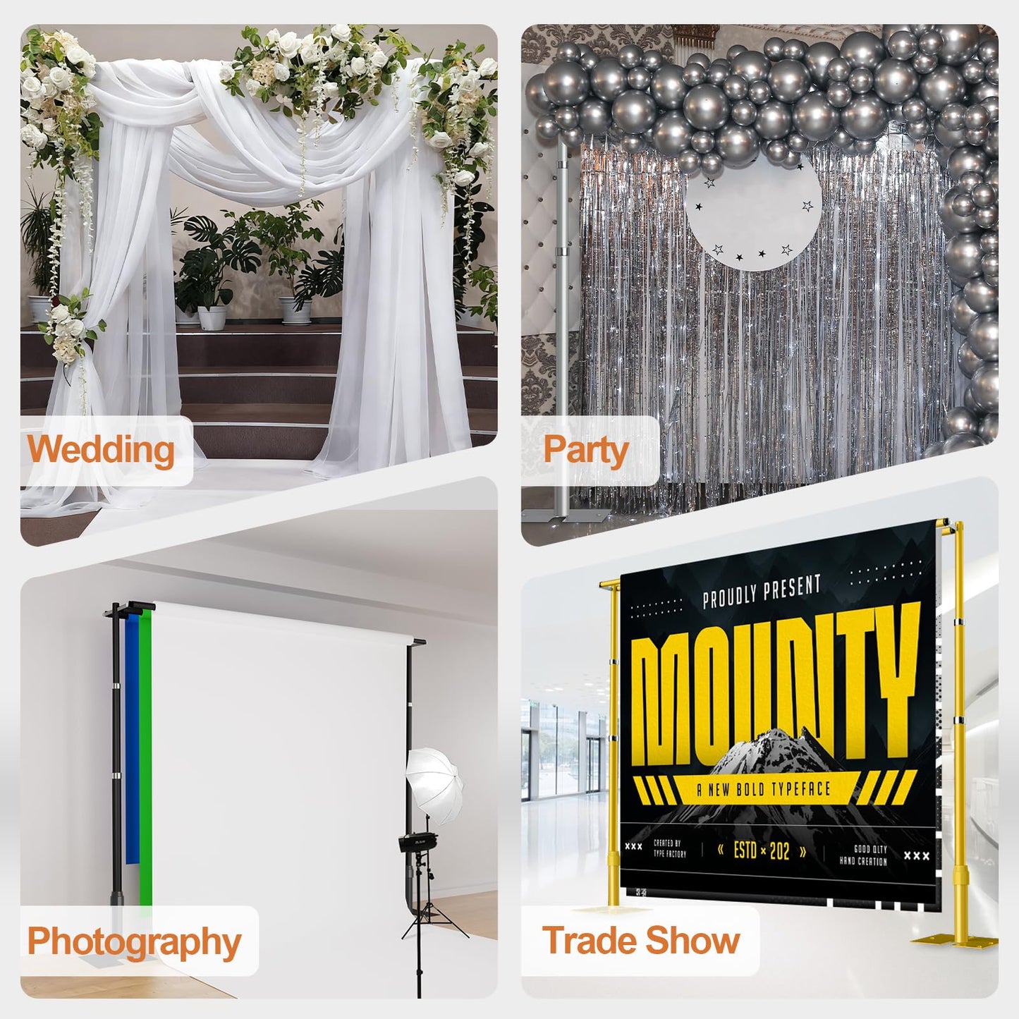 GLOSHOOTING Heavy Duty Backdrop Stand 8.9x10ft, Double Crossbar Pipe and Drape Backdrop Stand Kit, Adjustable Metal Frame, Background Stand for Wedding Photography Birthday Party Decorations