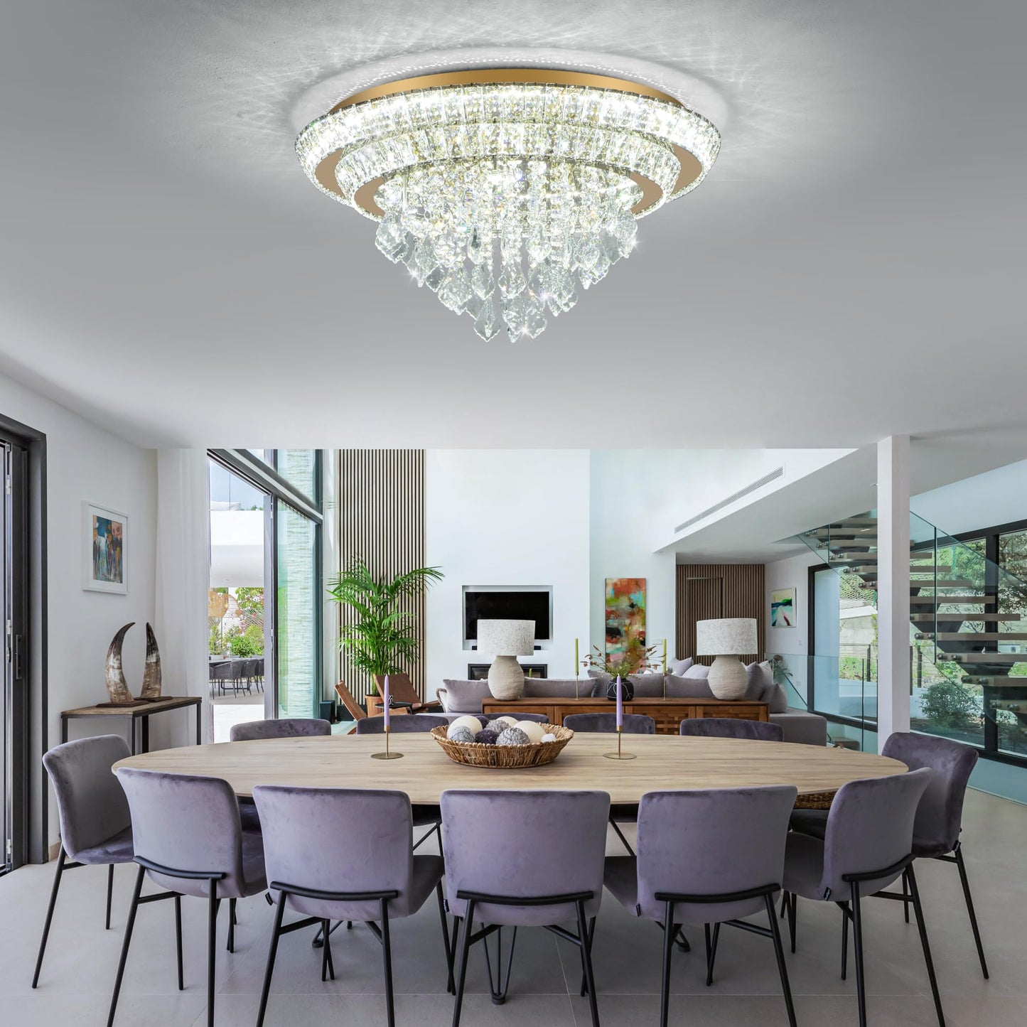 Kuailkag Crystal LED Ceiling Light 24" Modern Flush Mount Chandelier,K9 Crystal Raindrop,Elegant Lighting Fixture with Remote/APP,3CCT,Dimmable Living Room Chandeliers Lights-Golden