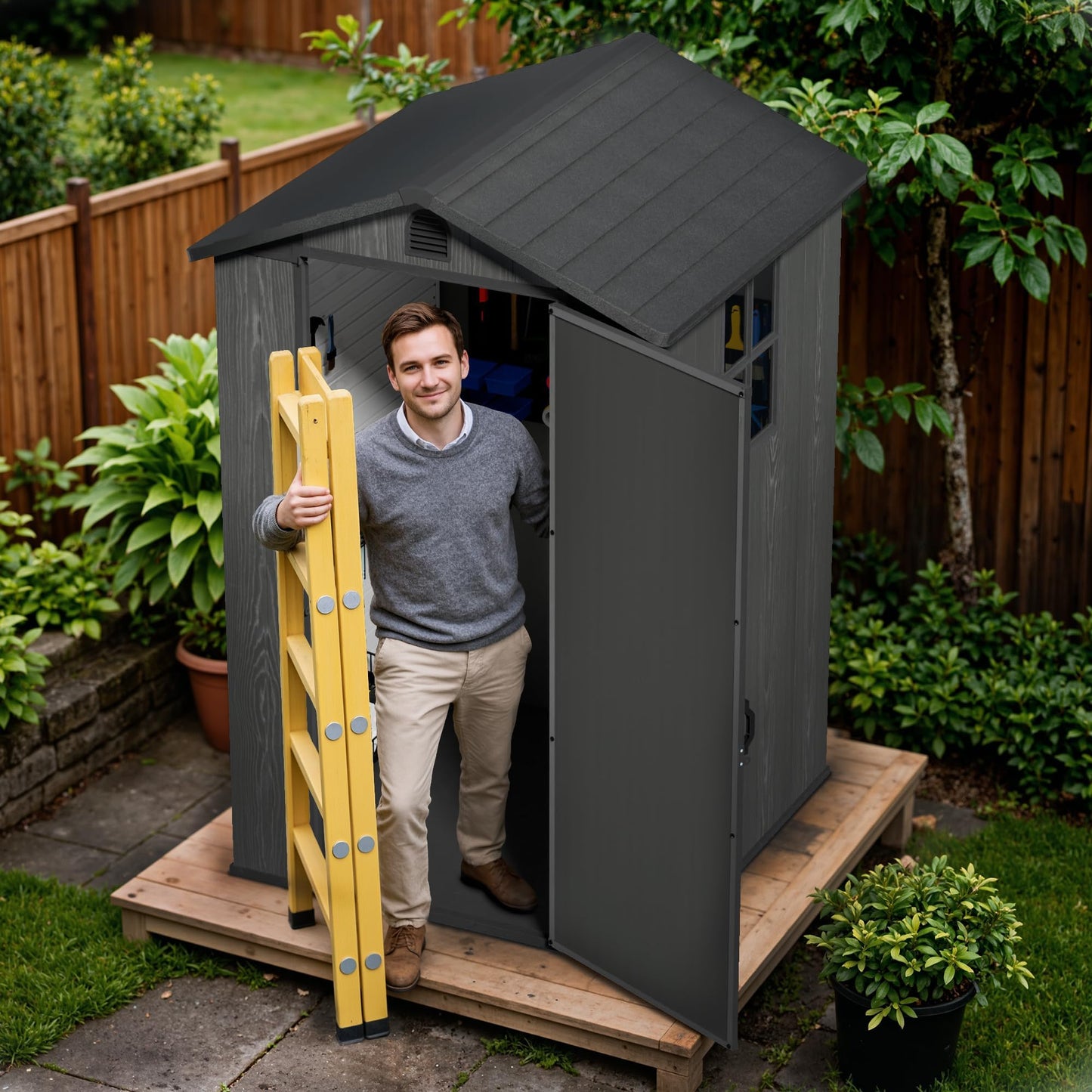 Devoko 4×4 FT Resin Storage Shed with Floor, Plastic Outdoor Garden Shed with Windows and Lockable Doors, Waterproof Outside Tool Sheds for Patio Backyard Lawn, Dark Gray