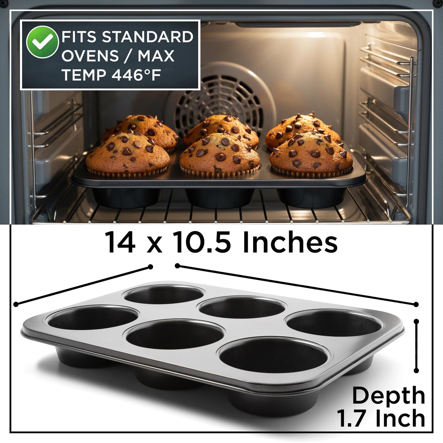 Wrenbury Jumbo Muffin Pan 6 Cup - Nonstick XL Deep Muffin Pan for Baking 4" Cup - Oversized Extra Large Cupcake Mold - Dishwasher Safe - PTFE Free - 446°F Oven Safe