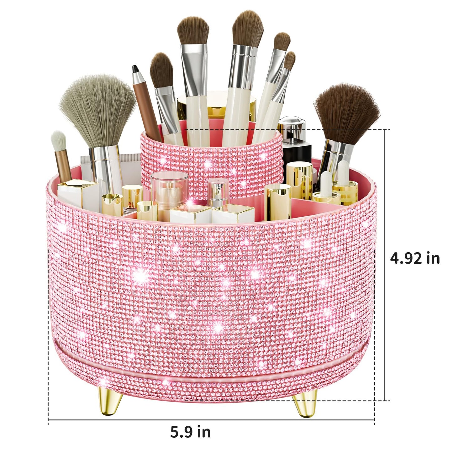 fanado Bling Diamond Makeup Brush Holder, 360° Rotating Makeup Organizer, 5 Slot Make up Brushes Cup for Countertop, Storage for Cosmetics Pen Eyeliner Skincare on the Vanity (Diamond Pink)