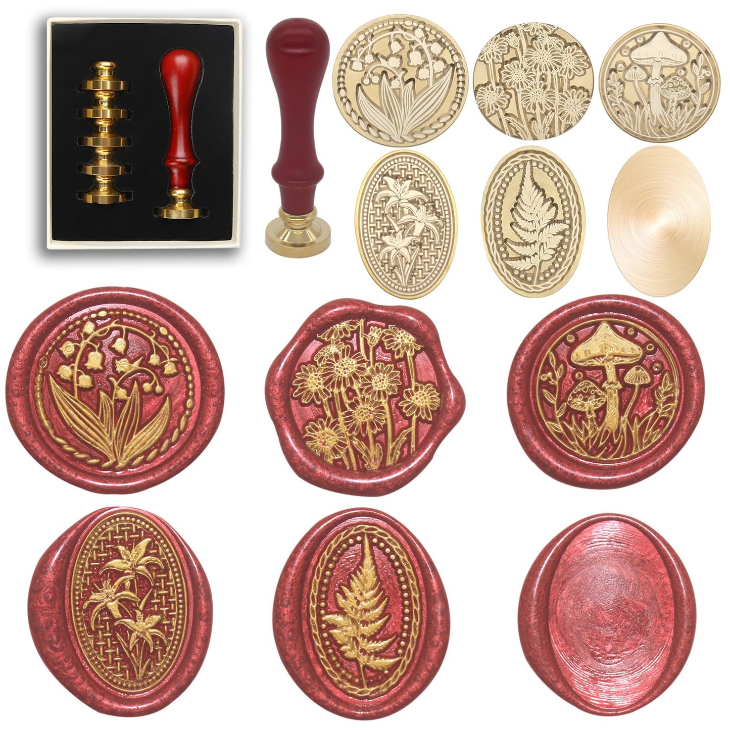Wax Seal Stamp Kit, 6 Pcs Wax Seal Stamp Head 1 Wooden Hilt Letter Wax Seal Kit, Sealing Wax Stamp Seal Set Include Lily/Daisy/Mushroom/Oval Blank Envelope Sealing Wax Stamps for Wedding Invitation