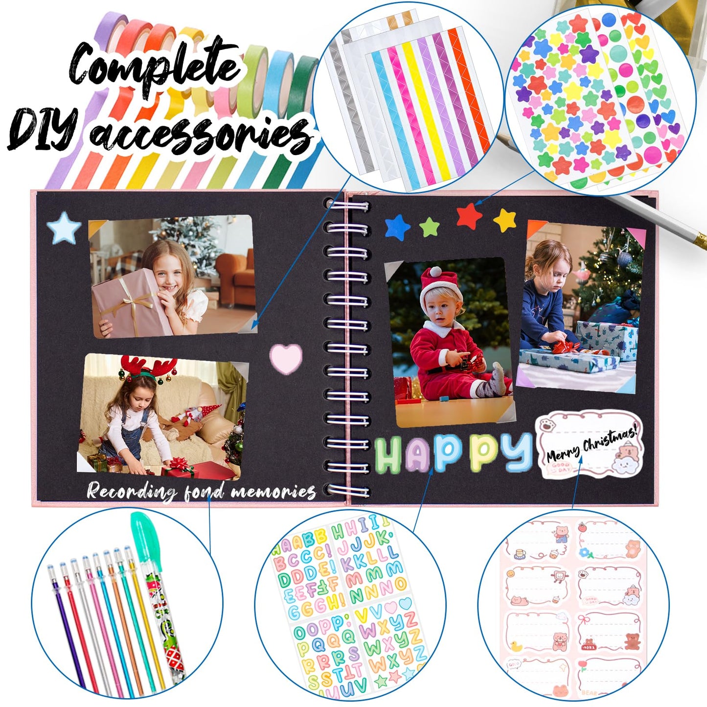 Kid Scrapbook Photo Album Hard Cover DIY Photo Album for Kids Instant Camera Print Paper with DIY Accessories (Pink)