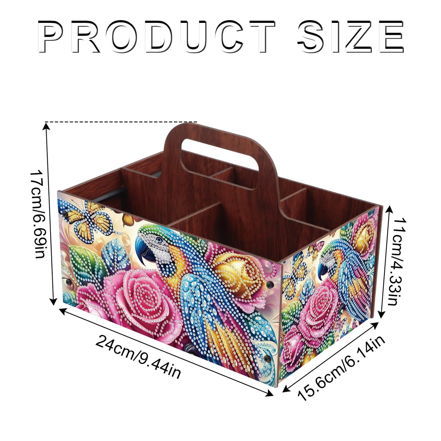DIY Diamond Painting Storage Box Parrot and Rose Design, Diamond Art Wooden Organizer with Handle and 5 Compartments, Portable Desktop Craft Storage Basket for Art Supplies