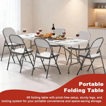 Elevon 6FT Folding Tables – Heavy Duty Portable Foldable Table with Built-in Handle, 300 lb Capacity – Ideal for Events, Parties, Crafts, Camping & Dining (6-Pack)