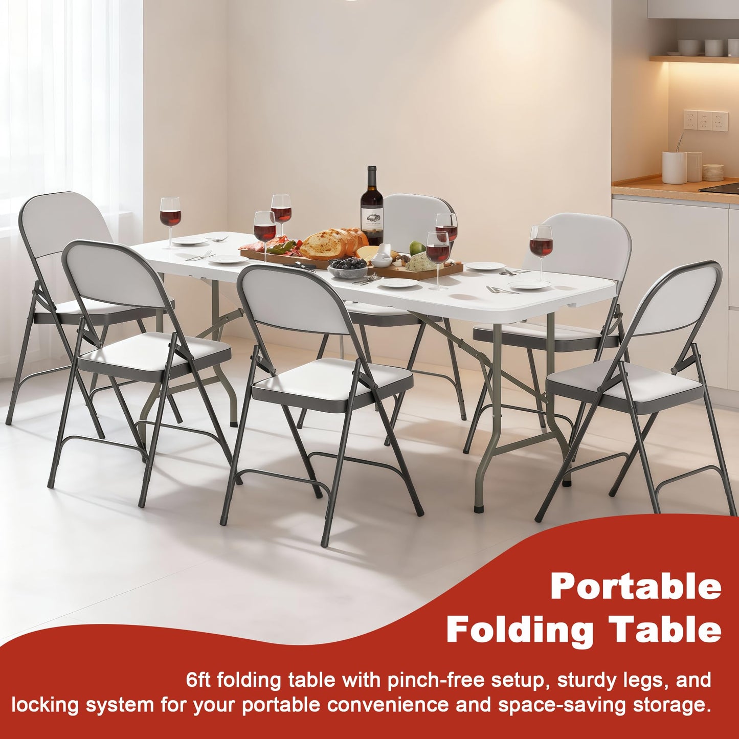 Elevon 6FT Folding Tables – Heavy Duty Portable Foldable Table with Built-in Handle, 300 lb Capacity – Ideal for Events, Parties, Crafts, Camping & Dining (10-Pack)
