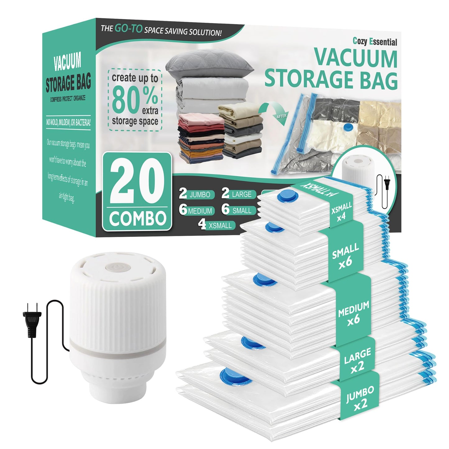Cozy Essential 20 Pack Vacuum Storage Bags with Electric Pump, Vacuum Seal Bags for Clothing, Pillows, Blanket Bedding Comforters