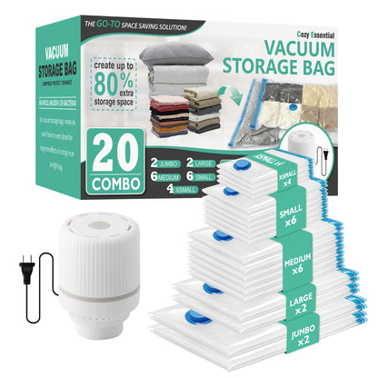 Cozy Essential 20 Pack Vacuum Storage Bags with Electric Pump, Vacuum Seal Bags for Clothing, Pillows, Blanket Bedding Comforters
