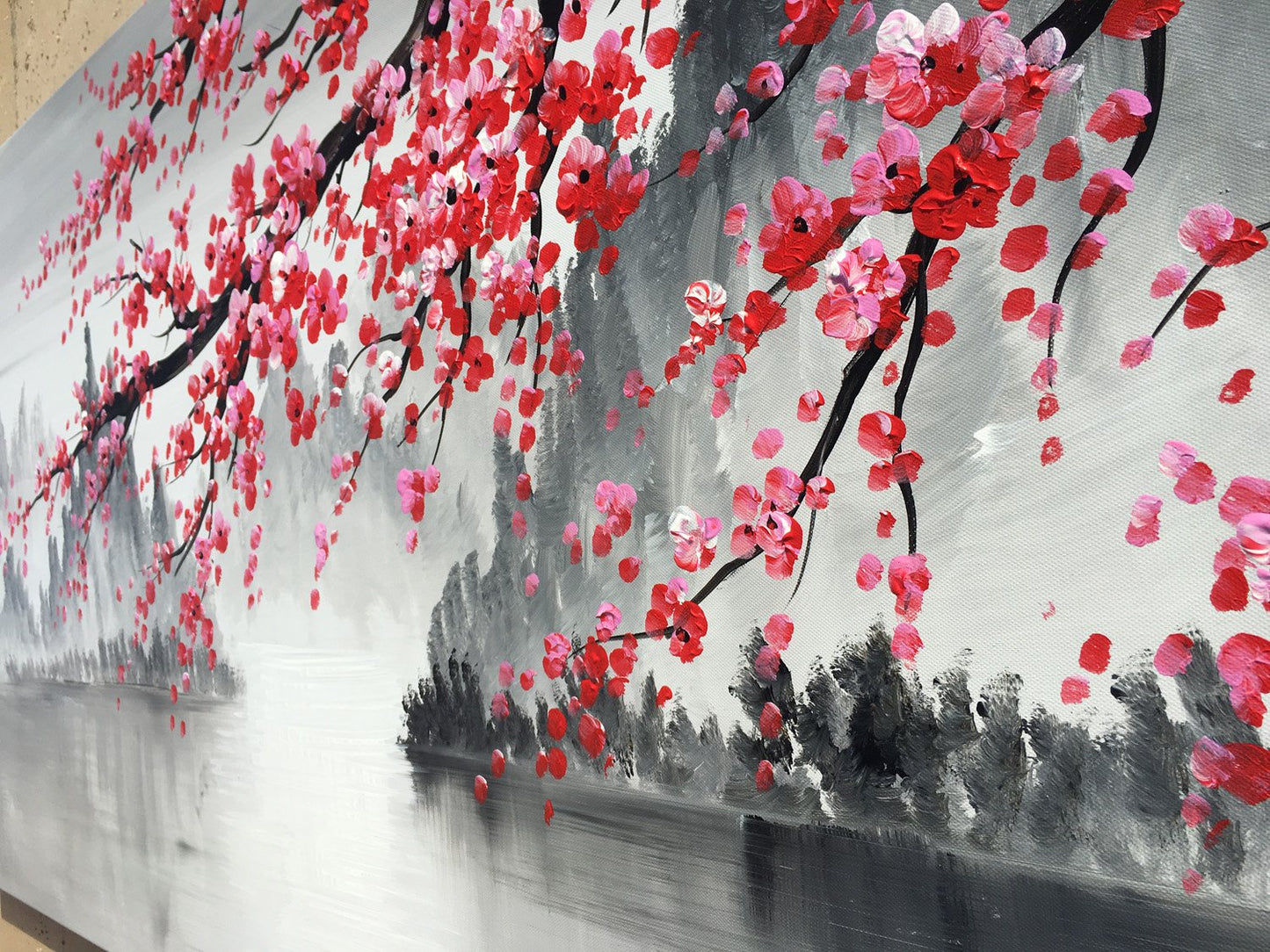 Handmade Traditional Chinese Oil Painting Pink Plum Blossom Canvas Wall Art Modern Black and White Landscape Artwork