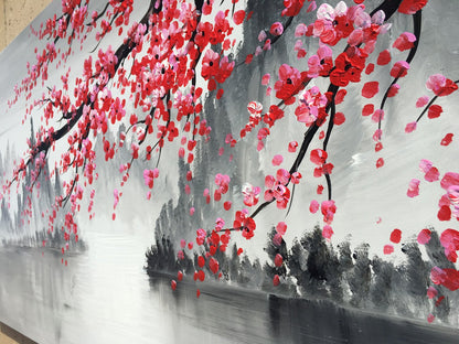 Handmade Traditional Chinese Oil Painting Pink Plum Blossom Canvas Wall Art Modern Black and White Landscape Artwork