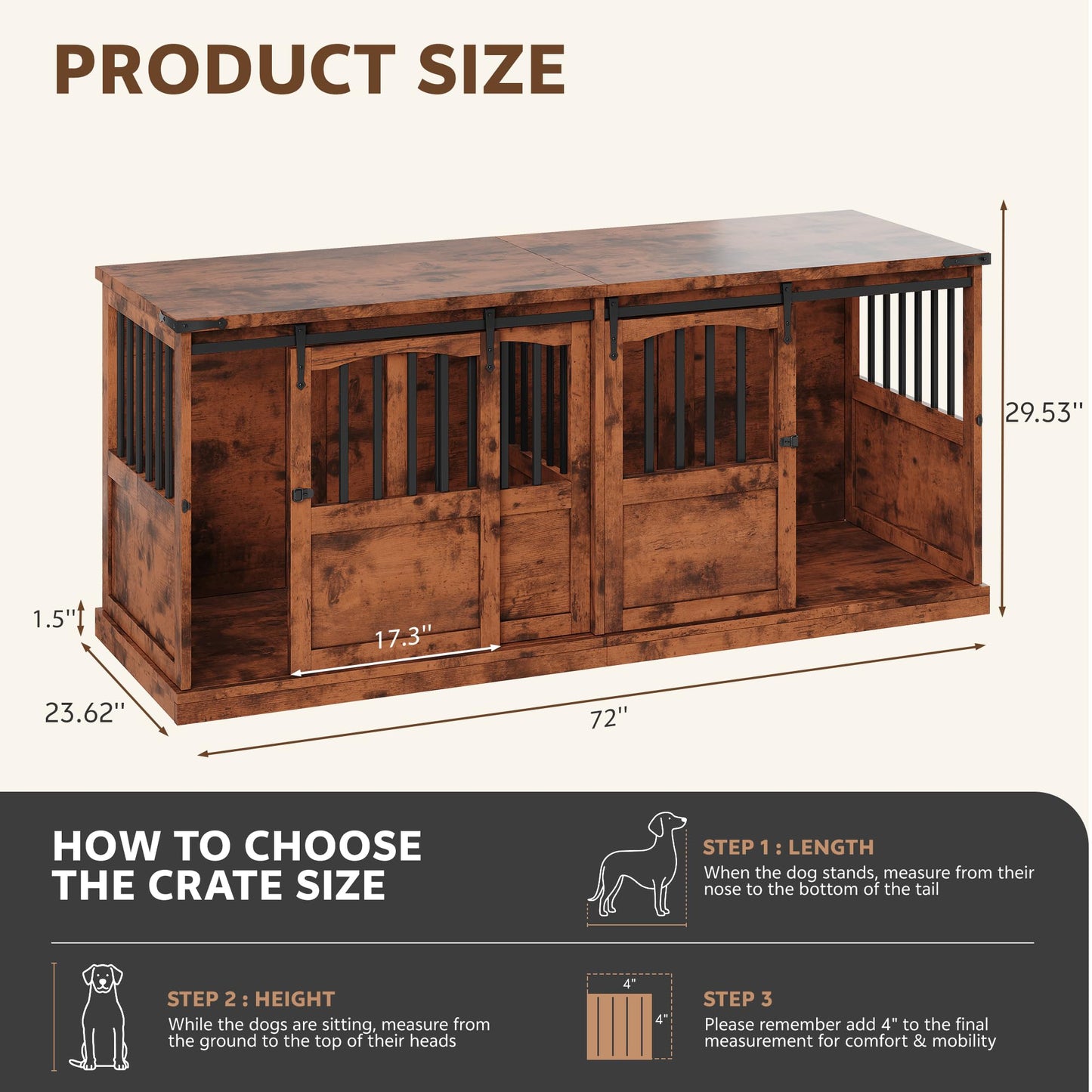 Homiflex 72" Double Dog Crate Furniture for 2 Medium Large Dogs Wooden Heavy Duty Dog Kennel Furniture with 2 Sliding Doors and Divider Decorative Dog Cage TV Stand End Table for Indoor, Brown