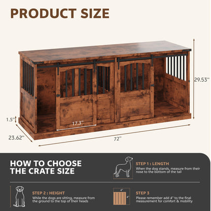 Homiflex 72" Double Dog Crate Furniture for 2 Medium Large Dogs Wooden Heavy Duty Dog Kennel Furniture with 2 Sliding Doors and Divider Decorative Dog Cage TV Stand End Table for Indoor, Brown