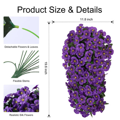 HyeFlora Artificial Flowers for Outdoors, 2pcs Faux Silk Pansies Flowers UV Resistant Fake Hanging Flower Plants for Outside Planters Porch Yard Patio Window Box (Dark Purple)