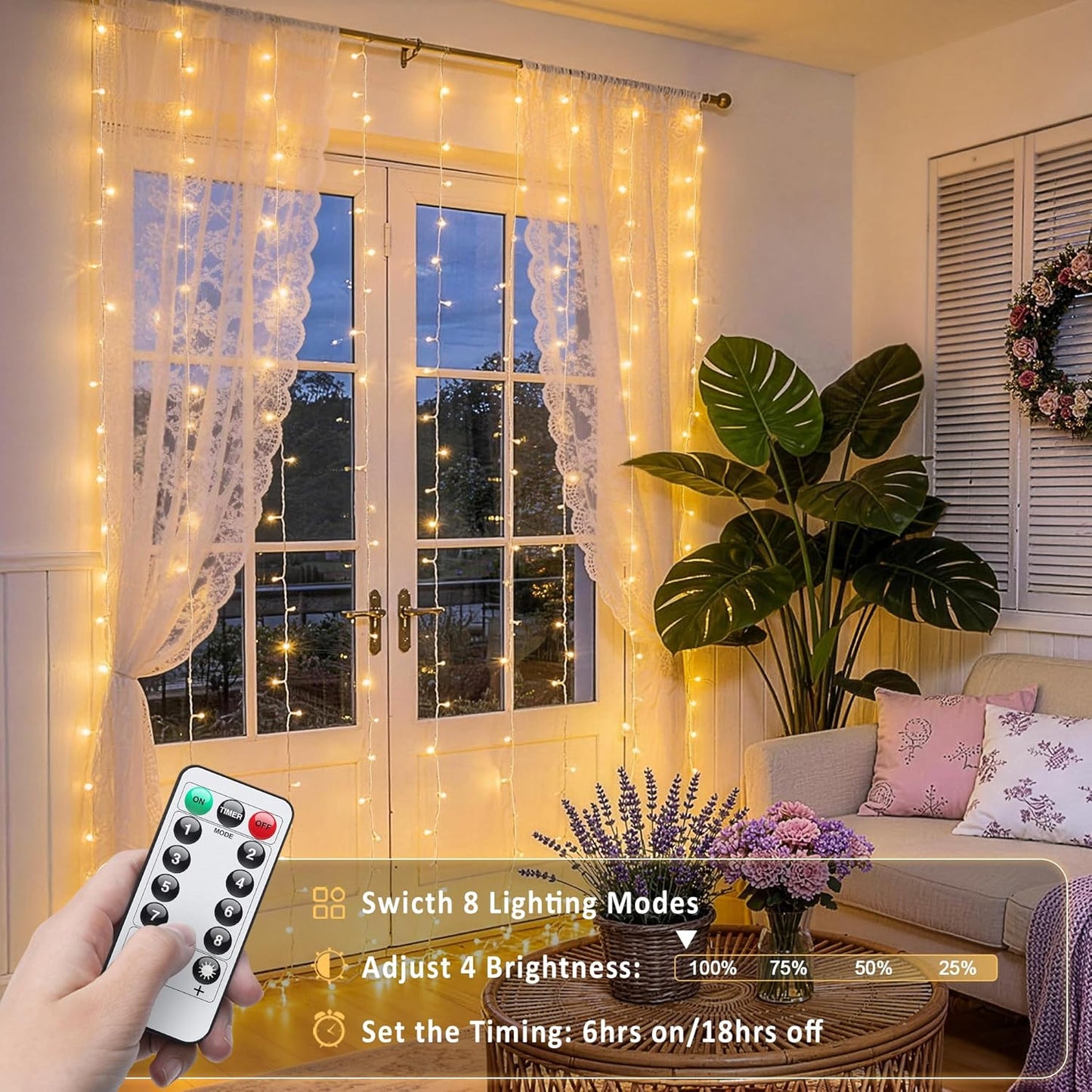 200 6.5ftx6.5ft JMEXSUSS LED Curtain Lights for Bedroom, Warm White Curtain Fairy Lights for Backdrop Indoor, USB