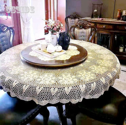 USTIDE Large Crochet Round Tablecloth Beige 90" Cotton Rustic Farmhouse Wedding Table Cloth Table Cover with Floral Lace Design, Handmade Decorative Overlay for Dining Room Kitchen