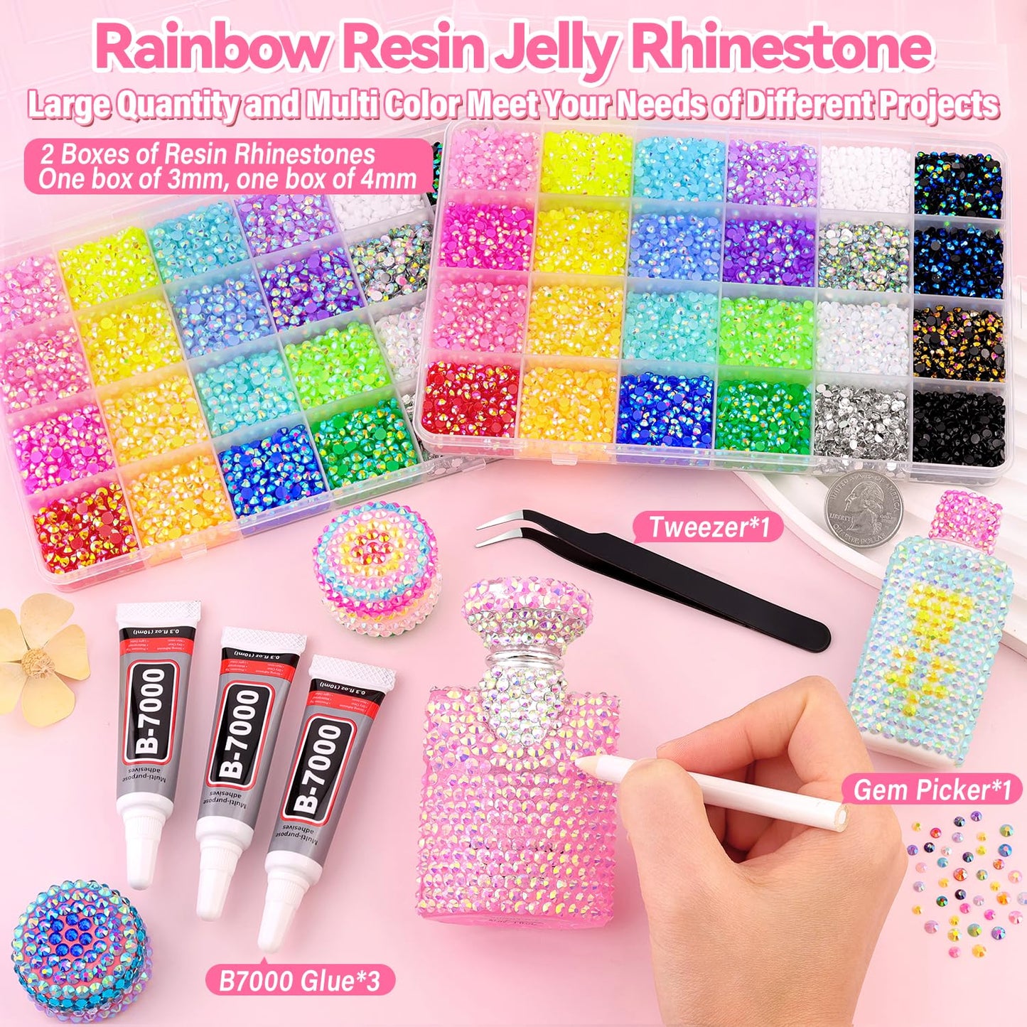30000Pcs Resin Rhinestones for Bedazzling Kit, 2 Boxes Multicolor 3mm&4mm Bedazzled Crystal, Flatback Gems with 3Pcs 10ml B7000 Jewelry Glue for DIY Crafts Clothing Nail Art Makeup