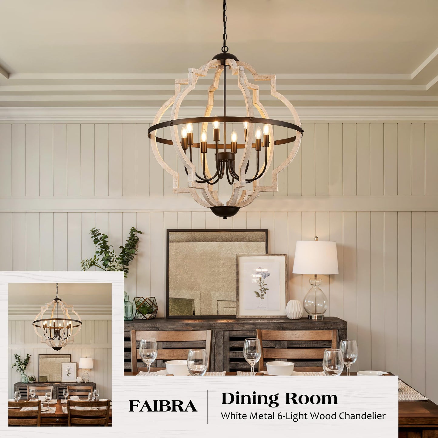 Faibra 8-Light Wood Pendant Light,31.96'' Vintage Rustic White Wood Chandeliers,Retro Industrial Hanging Light Fixtures for Dining Room Entryway, Bedroom
