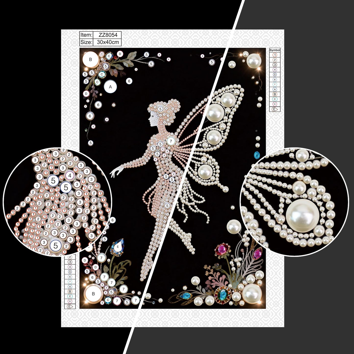 Focart DIY Pearl Diamond Painting Black and White Art Kits, Butterfly Fairy Pattern Round Half Pearls Rhinestones Diamond Dots Paintings Arts Craft Gift Home Decor for Beginners 15.74x11.8in