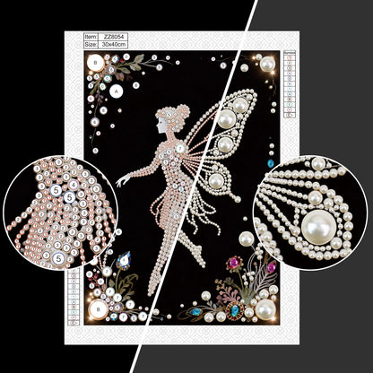 Focart DIY Pearl Diamond Painting Black and White Art Kits, Butterfly Fairy Pattern Round Half Pearls Rhinestones Diamond Dots Paintings Arts Craft Gift Home Decor for Beginners 15.74x11.8in