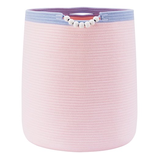 ENAORGAN 65L Pink Woven Rope Laundry Hamper Basket for Clohtes Boho Tall Rope Baskets for Blanket Large Baby Nursery Hamper for Girls Kids 16"Wide 19"Tall