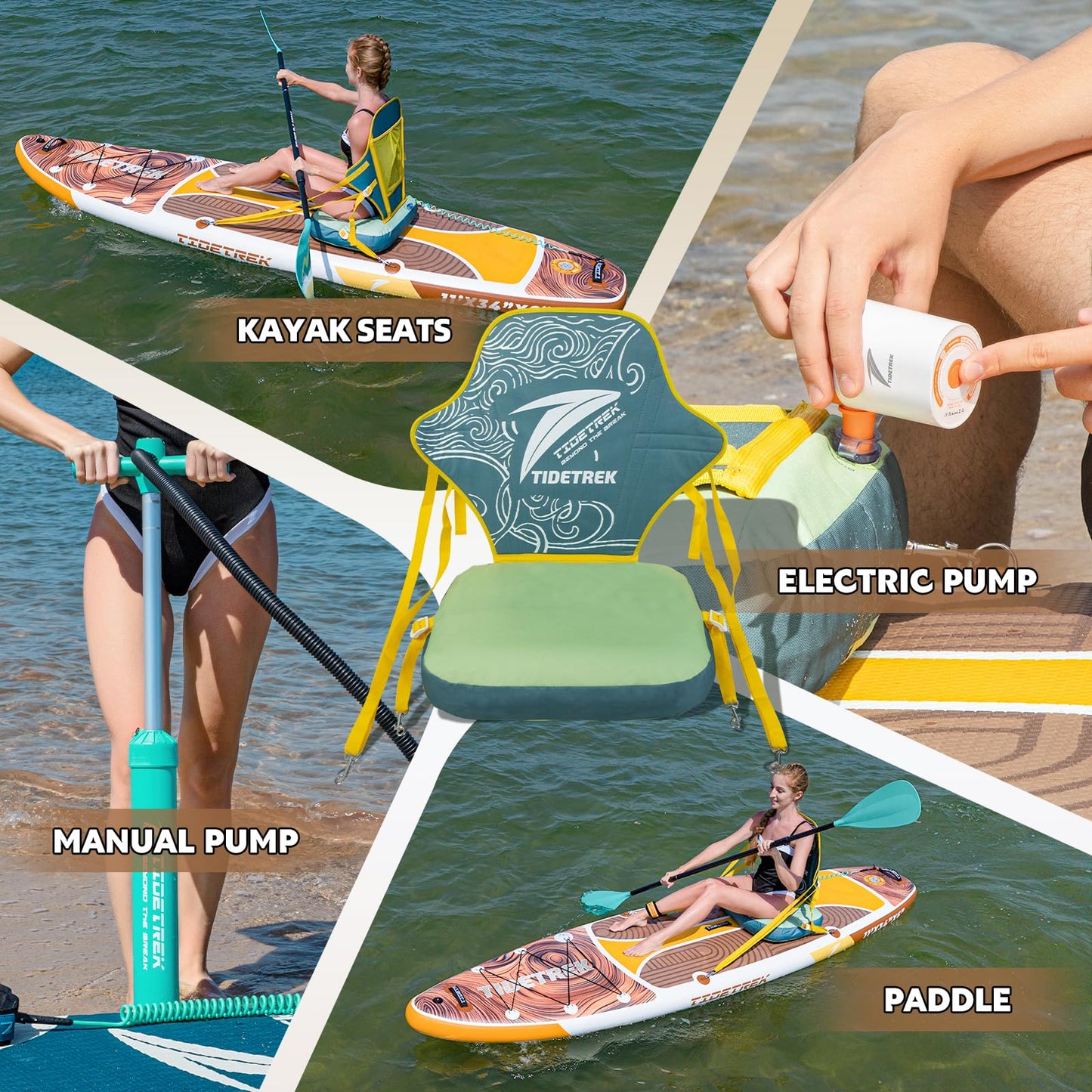 TIDETREK 11'/11'6" x 33"/34" x 6" Inflatable SUP Paddle Board – Extra-Wide, Stable Stand Up Paddle Board with Premium Full Accessory Set for Adults & Youth (Earth Pulse/Kayak Seat, 11'x34 x6)