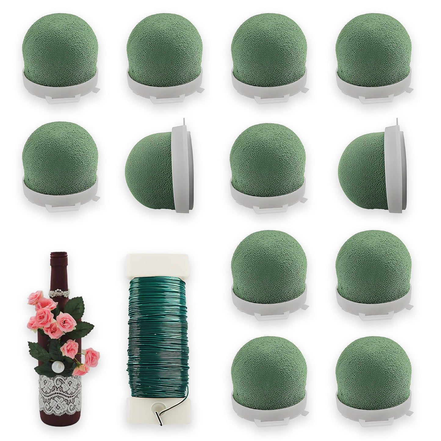 12 Pcs Mini Floral Foam Holder Floral Foam Round with 1 Roll Green Floral Wire Floral Foam Blocks for Table Wedding Wine Bottle Hat Décor
