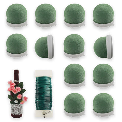 12 Pcs Mini Floral Foam Holder Floral Foam Round with 1 Roll Green Floral Wire Floral Foam Blocks for Table Wedding Wine Bottle Hat Décor