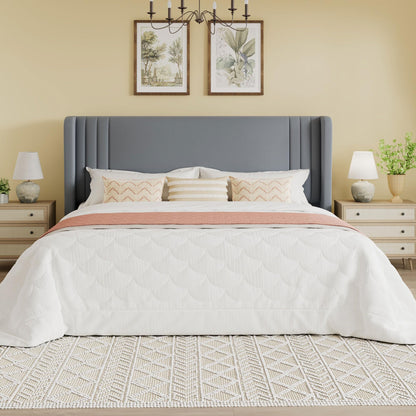 SHA CERLIN King Size Velvet Upholstered Platform Bed Frame with Vertical Channel Tufted Wingback Headboard, Wooden Slats Support, Easy Assembly, Under Bed Storage, No Box Spring Required, Grey