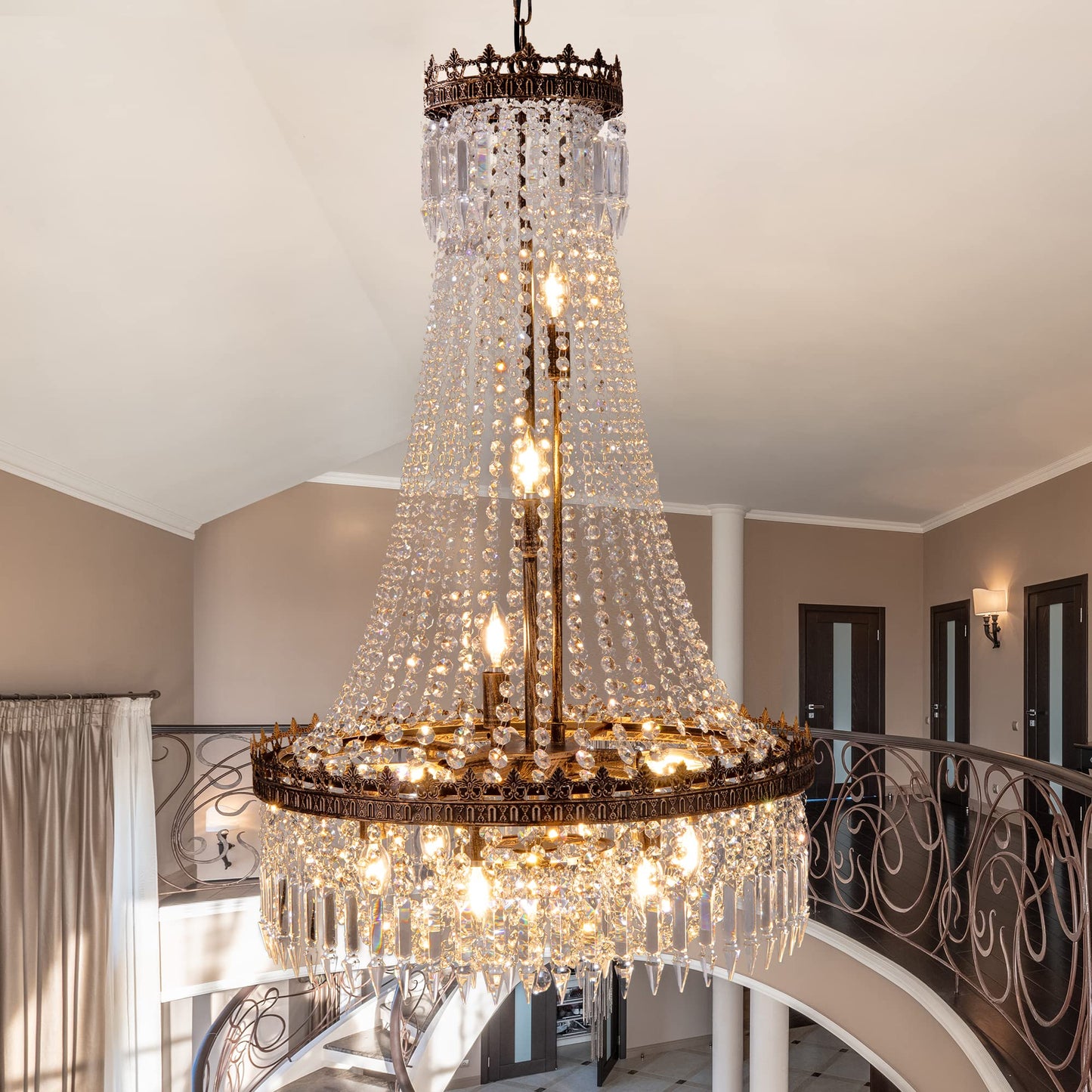 TOCHIC French Empire Crystal Chandeliers,9 Lights Rustic Farmhouse Chandelier,High Ceiling Light Fixture for Entryway,Antique Bronze Chandeliers for Dining Living Room,Foyer,Staircase,24" W x 40'' H
