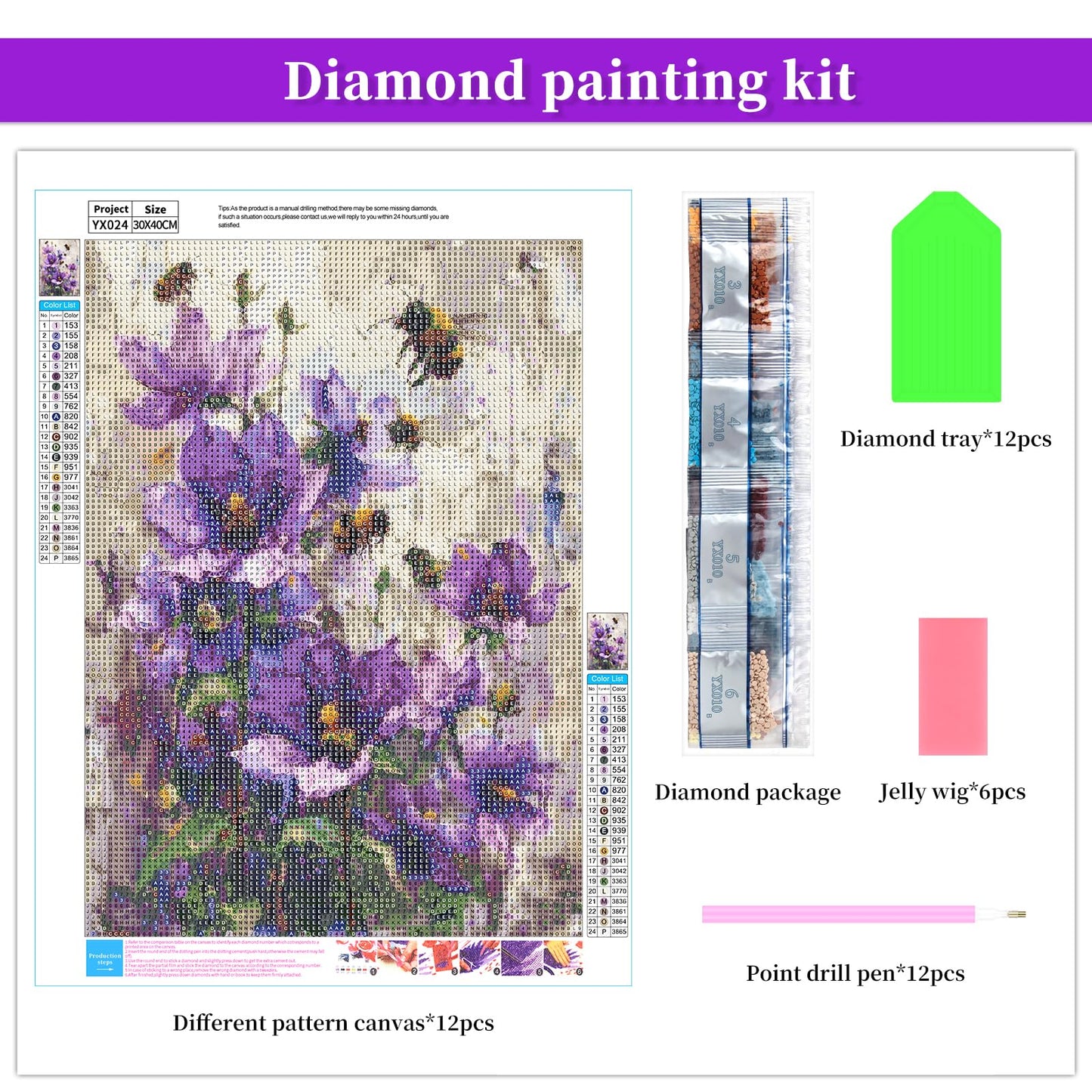BWFY 12 Pack Diamond Art Kits for Adults,5D Diamond Painting Kits for Adults,Flower Series Paint with Numbers Diamonds for Home Wall Decor Festival Gift, 12x16 Inch