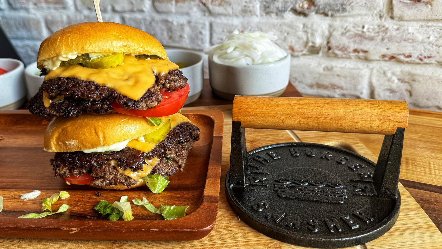 The Burger Smasher™ Pre-Seasoned Heavy Duty Cast Iron Smash Burger Press Kit - Heat Resistant Burger Smasher for Griddle, Food, Chef, Meat & Cooking Press, Hamburger Smasher - 30 Patty Paper