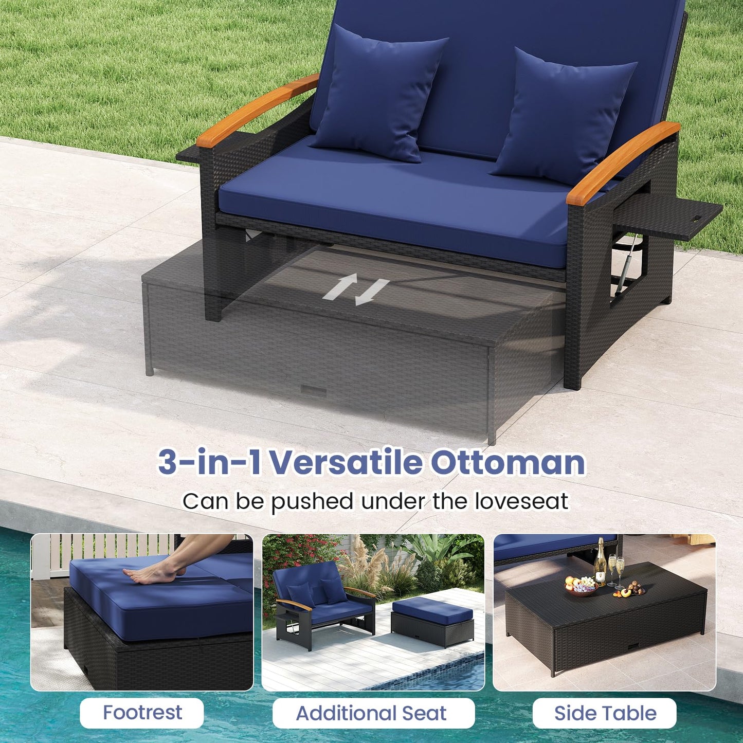 Tangkula Patio Rattan Daybed with 4-Level Adjustable Backrest, Outdoor Wicker Loveseat with Acacia Wood Armrest, Storage Ottoman & Folding Tray, Double Sunbed for Yard & Poolside (Navy & Black)