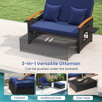 Tangkula Patio Rattan Daybed with 4-Level Adjustable Backrest, Outdoor Wicker Loveseat with Acacia Wood Armrest, Storage Ottoman & Folding Tray, Double Sunbed for Yard & Poolside (Navy & Black)