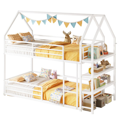LIKIMIO Bunk Bed Twin Over Twin, Twin Bunk Beds Frame with 3-Tier Storage Bookshelf, Metal Twin House Bed Ladder and Safety Guardrail, Space Saving for Apartment or Dorm, No Box Spring Needed, White