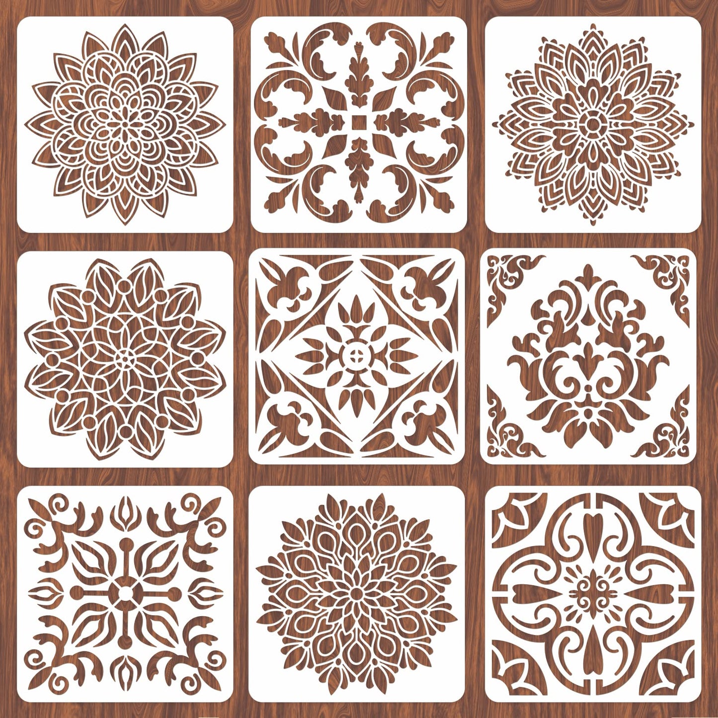 INFUNLY 9PCS/Set Mandala Flowers Wall Stencils for Painting 12x12 Mexican Tile Stencil Art Flower Concrete Floor Stencils Reusable Drawing Template for Painting Wood Canvas Furniture Patio Home Decor