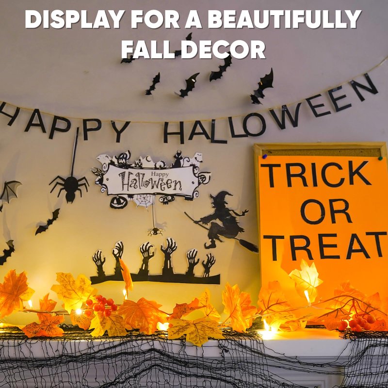 suddus Fall Leaves Garland with Lights, 20LED Battery Operated Fall Lights with Timer, Thanksgiving Decoration for Home, Table, Mantle, Office, Outdoor, Autumn, Halloween, Yellow