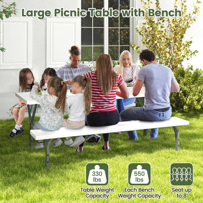 Giantex Picnic Table 6FT for 8 Person, Outdoor Table Set w/ 2 Benches, All-Weather HDPE Rectangular Tabletop, Heavy Duty Metal Legs, Umbrella Hole, for Patio Yard Lawn Party (White)